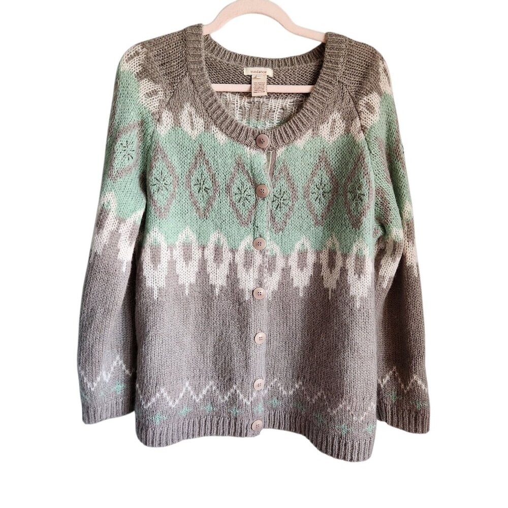 Sundance Sweater Gray Green Large Petites LP Fair Isle Cardigan Mohair Blend